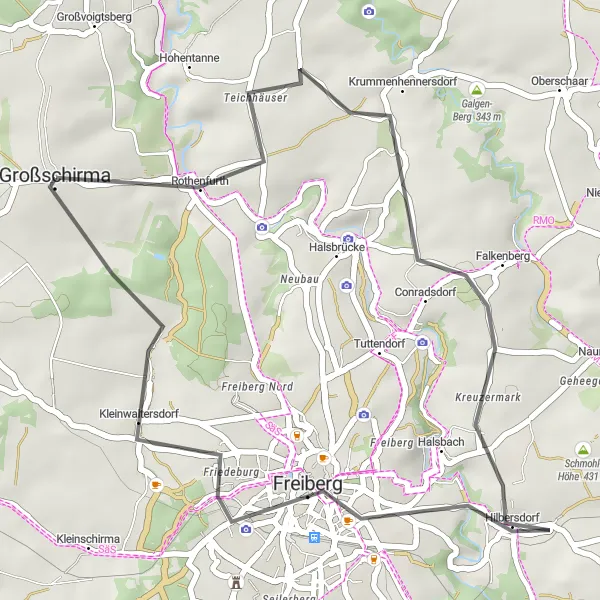 Map miniature of "Großschirma to Krummenhennersdorf" cycling inspiration in Chemnitz, Germany. Generated by Tarmacs.app cycling route planner