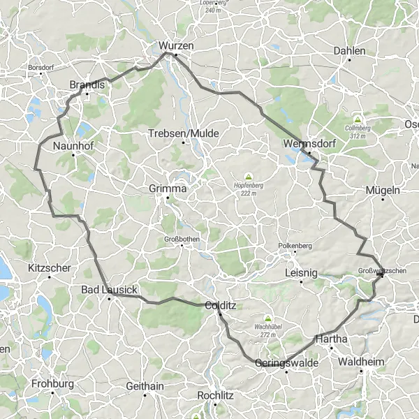 Karten-Miniaturansicht der Radinspiration "Herausfordernde Radtour in der Nähe von Großweitzschen" in Chemnitz, Germany. Erstellt vom Tarmacs.app-Routenplaner für Radtouren