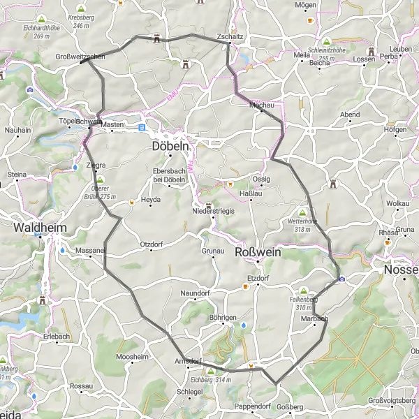 Karten-Miniaturansicht der Radinspiration "Kurze Straßenradtour um Großweitzschen" in Chemnitz, Germany. Erstellt vom Tarmacs.app-Routenplaner für Radtouren