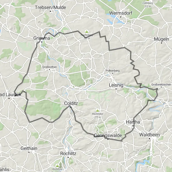 Map miniature of "The Hilltop Explorer" cycling inspiration in Chemnitz, Germany. Generated by Tarmacs.app cycling route planner