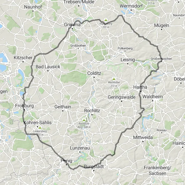 Karten-Miniaturansicht der Radinspiration "Rundfahrt um Großweitzschen" in Chemnitz, Germany. Erstellt vom Tarmacs.app-Routenplaner für Radtouren