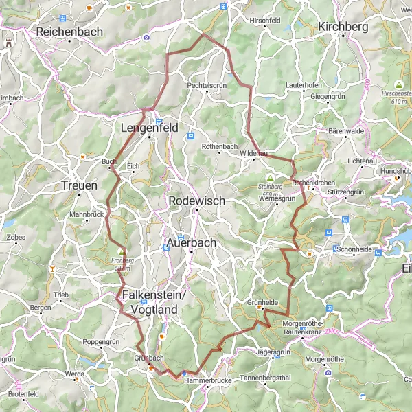 Map miniature of "Scenic Gravel Exploration: Grünbach to Warte" cycling inspiration in Chemnitz, Germany. Generated by Tarmacs.app cycling route planner