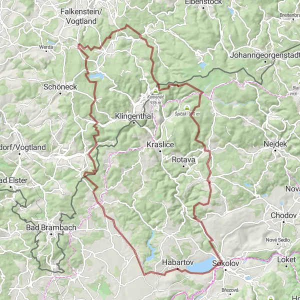 Map miniature of "Grünbach – Morgenröthe-Rautenkranz – Habartov Round-trip" cycling inspiration in Chemnitz, Germany. Generated by Tarmacs.app cycling route planner