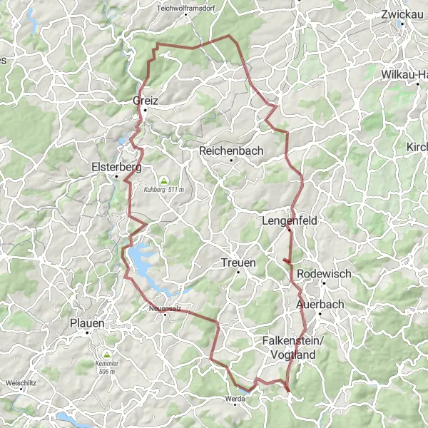 Map miniature of "Gravel Delight: Grünbach to Ellefeld" cycling inspiration in Chemnitz, Germany. Generated by Tarmacs.app cycling route planner