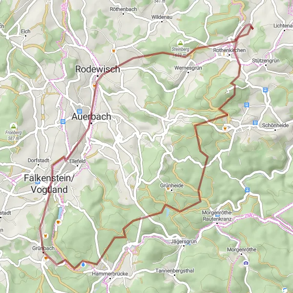 Map miniature of "Grünbach – Schlossfelsen – Rothenkirchen Round-trip" cycling inspiration in Chemnitz, Germany. Generated by Tarmacs.app cycling route planner