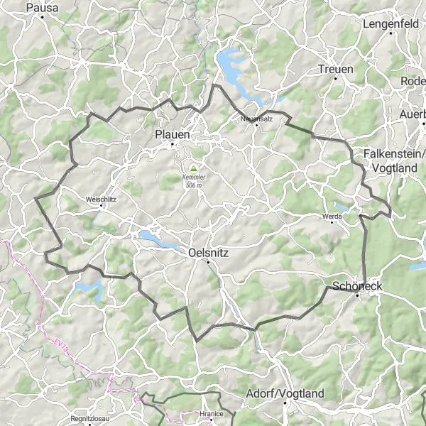 Map miniature of "Road Cycling Adventure: Grünbach to Bezelberg" cycling inspiration in Chemnitz, Germany. Generated by Tarmacs.app cycling route planner