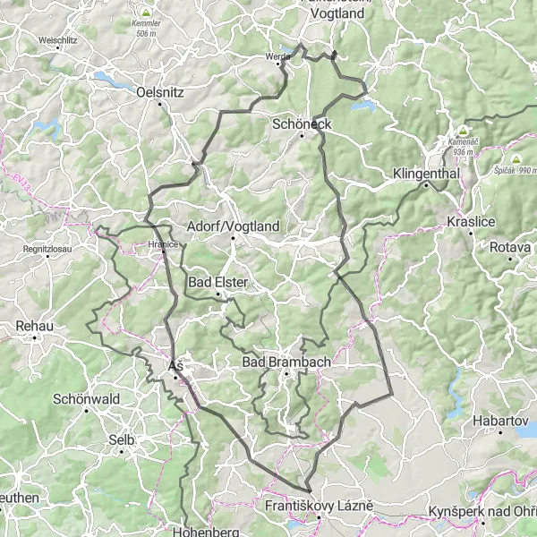 Karten-Miniaturansicht der Radinspiration "Zwotental und Aš Road Cycling Tour" in Chemnitz, Germany. Erstellt vom Tarmacs.app-Routenplaner für Radtouren