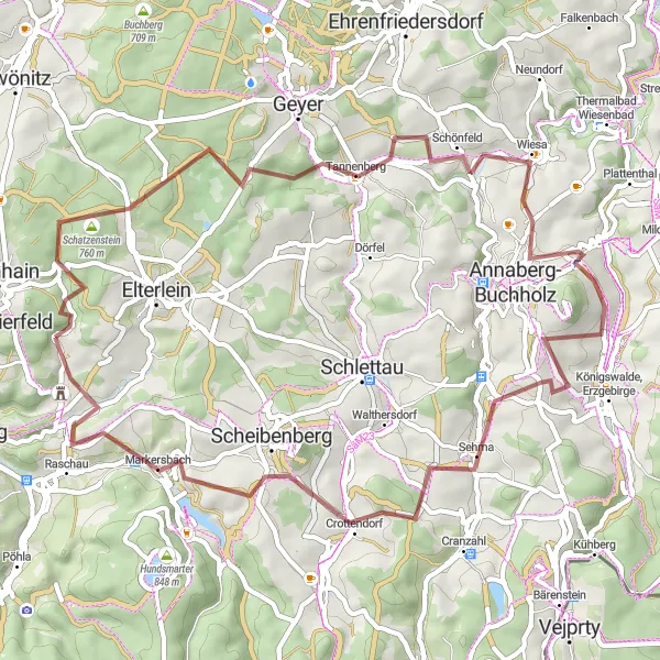 Map miniature of "Scenic Gravel Cycling through Crottendorf and Scheibenberg" cycling inspiration in Chemnitz, Germany. Generated by Tarmacs.app cycling route planner