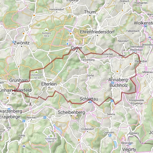 Karten-Miniaturansicht der Radinspiration "Gravelabenteuer um Grünhain" in Chemnitz, Germany. Erstellt vom Tarmacs.app-Routenplaner für Radtouren