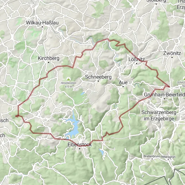 Karten-Miniaturansicht der Radinspiration "Gravelabenteuer durch Grünhain" in Chemnitz, Germany. Erstellt vom Tarmacs.app-Routenplaner für Radtouren