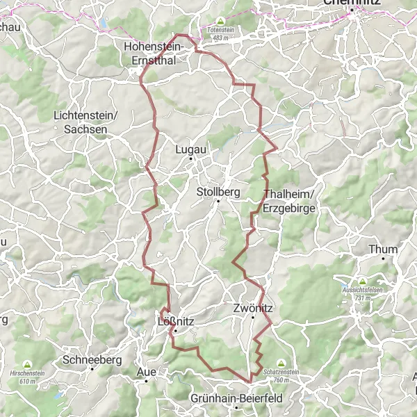 Karten-Miniaturansicht der Radinspiration "Erzgebirgsidylle und Panoramablicke" in Chemnitz, Germany. Erstellt vom Tarmacs.app-Routenplaner für Radtouren