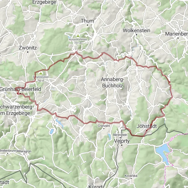 Map miniature of "Grünhain Gravel Loop" cycling inspiration in Chemnitz, Germany. Generated by Tarmacs.app cycling route planner