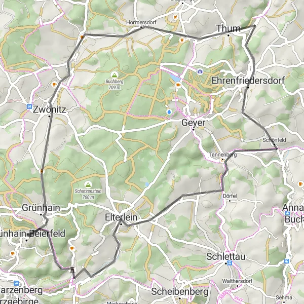 Karten-Miniaturansicht der Radinspiration "Kleine Runde um Grünhain" in Chemnitz, Germany. Erstellt vom Tarmacs.app-Routenplaner für Radtouren