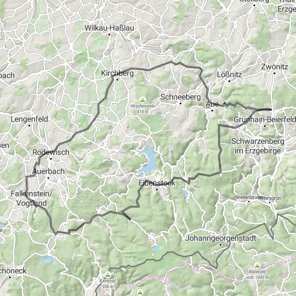 Map miniature of "Road Cycling Adventure through Riedertberg and Kirchberg" cycling inspiration in Chemnitz, Germany. Generated by Tarmacs.app cycling route planner