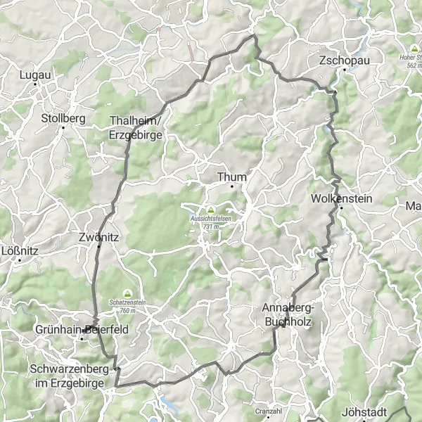 Karten-Miniaturansicht der Radinspiration "Erzgebirge-Runde von Grünhain" in Chemnitz, Germany. Erstellt vom Tarmacs.app-Routenplaner für Radtouren