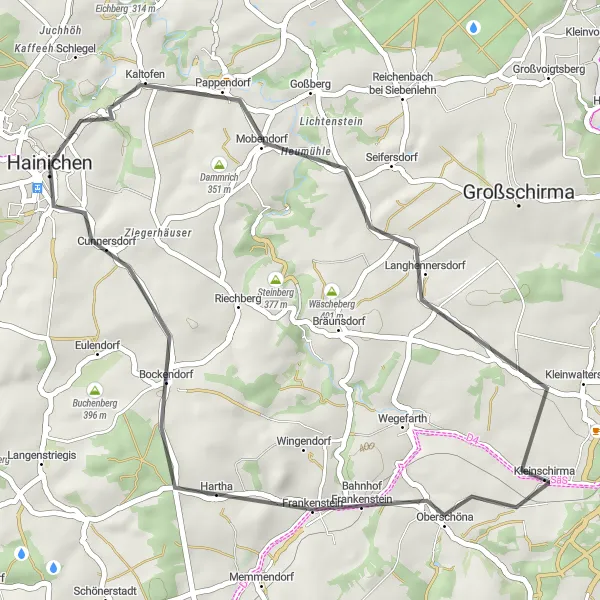 Map miniature of "Hainichen Scenic Loop" cycling inspiration in Chemnitz, Germany. Generated by Tarmacs.app cycling route planner