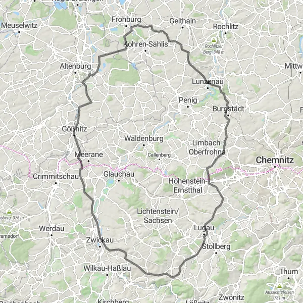 Map miniature of "Road Cycling Adventure near Hartenstein" cycling inspiration in Chemnitz, Germany. Generated by Tarmacs.app cycling route planner