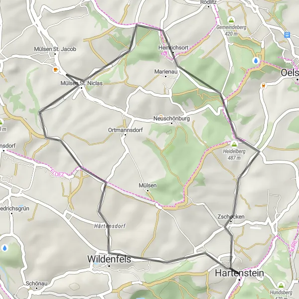 Map miniature of "The Ochsenkopf Loop" cycling inspiration in Chemnitz, Germany. Generated by Tarmacs.app cycling route planner