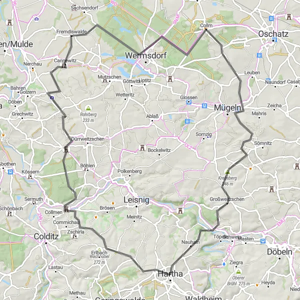 Karten-Miniaturansicht der Radinspiration "Große Rundtour von Hartha nach Westewitz" in Chemnitz, Germany. Erstellt vom Tarmacs.app-Routenplaner für Radtouren