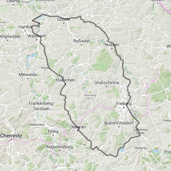 Map miniature of "Countryside Escape: Chemnitz to Oederan" cycling inspiration in Chemnitz, Germany. Generated by Tarmacs.app cycling route planner