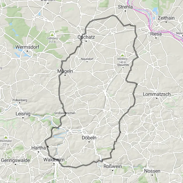 Karten-Miniaturansicht der Radinspiration "Die Oschatz-Runde" in Chemnitz, Germany. Erstellt vom Tarmacs.app-Routenplaner für Radtouren