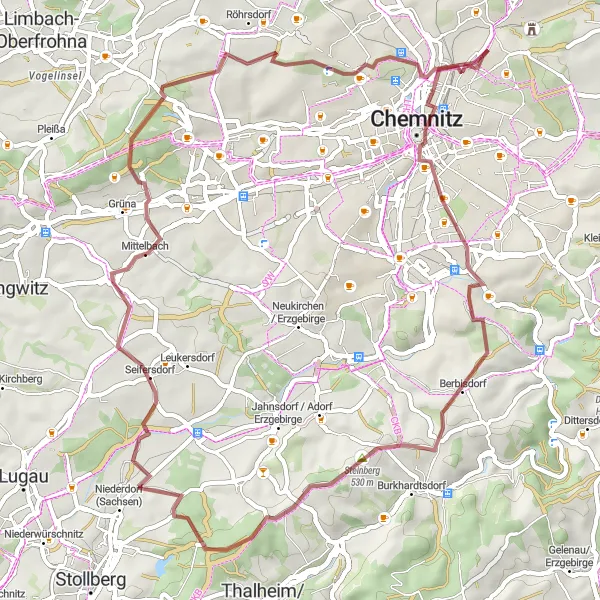 Map miniature of "Gravel Loop along Chemnitz" cycling inspiration in Chemnitz, Germany. Generated by Tarmacs.app cycling route planner