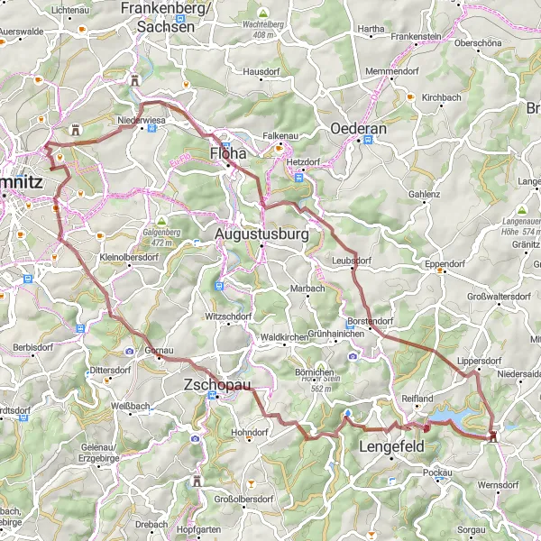 Map miniature of "Hilbersdorf Gravel Route" cycling inspiration in Chemnitz, Germany. Generated by Tarmacs.app cycling route planner