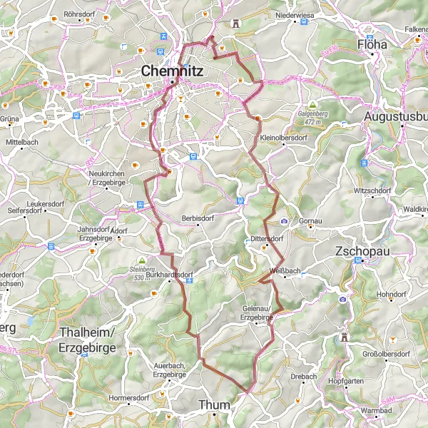 Map miniature of "Short Gravel Loop through Chemnitz Area" cycling inspiration in Chemnitz, Germany. Generated by Tarmacs.app cycling route planner