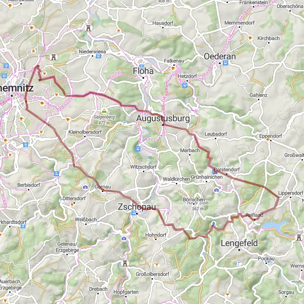 Karten-Miniaturansicht der Radinspiration "Naturwunder und historische Schätze entdecken" in Chemnitz, Germany. Erstellt vom Tarmacs.app-Routenplaner für Radtouren