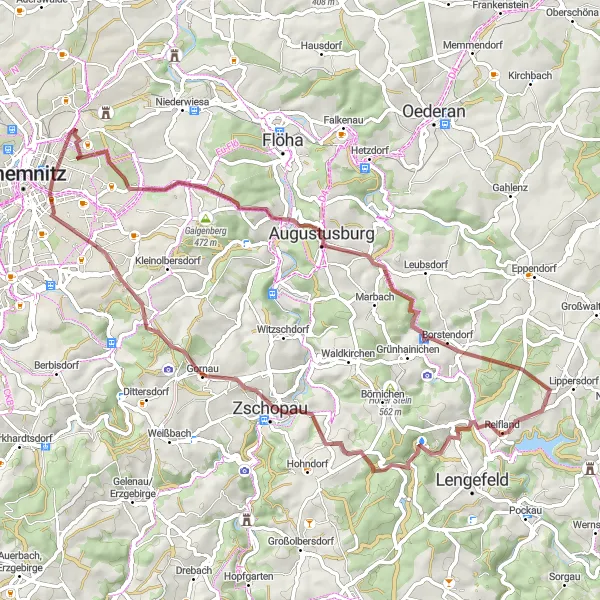 Map miniature of "Adventure Ride around Hilbersdorf" cycling inspiration in Chemnitz, Germany. Generated by Tarmacs.app cycling route planner