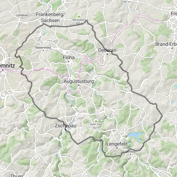 Karten-Miniaturansicht der Radinspiration "Herausfordernde Rundtour ab Hilbersdorf" in Chemnitz, Germany. Erstellt vom Tarmacs.app-Routenplaner für Radtouren
