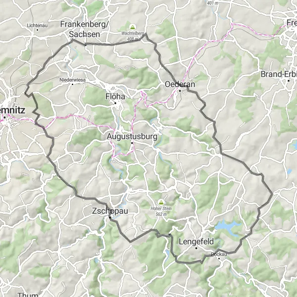 Map miniature of "Hilbersdorf Challenging Road Route" cycling inspiration in Chemnitz, Germany. Generated by Tarmacs.app cycling route planner