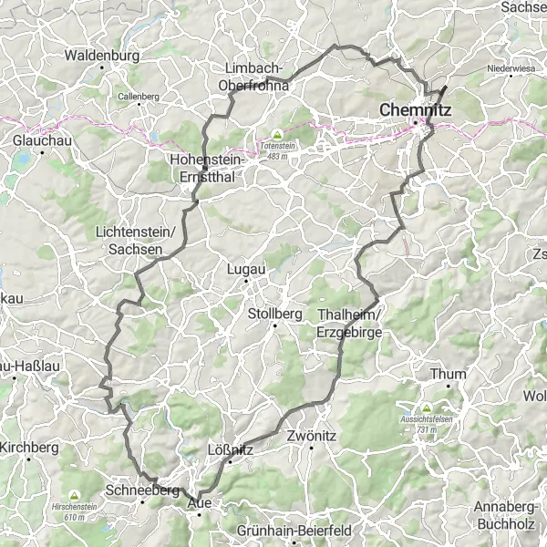 Karten-Miniaturansicht der Radinspiration "Epische Radtour von Hilbersdorf aus" in Chemnitz, Germany. Erstellt vom Tarmacs.app-Routenplaner für Radtouren