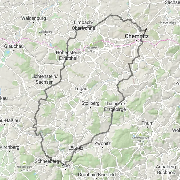 Map miniature of "Scenic Road Ride to Keilberg" cycling inspiration in Chemnitz, Germany. Generated by Tarmacs.app cycling route planner