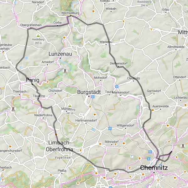 Map miniature of "Hilbersdorf Road Route" cycling inspiration in Chemnitz, Germany. Generated by Tarmacs.app cycling route planner