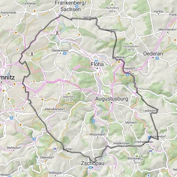 Map miniature of "Hilbersdorf Challenging Road Adventure" cycling inspiration in Chemnitz, Germany. Generated by Tarmacs.app cycling route planner