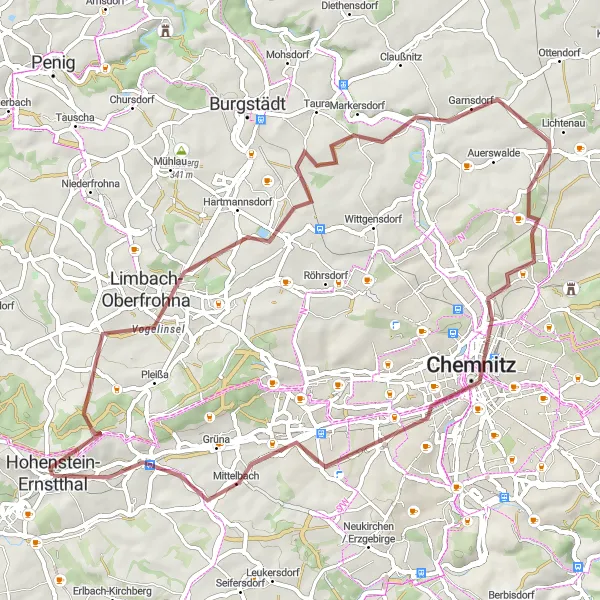 Map miniature of "Gravel Adventure near Hohenstein-Ernstthal" cycling inspiration in Chemnitz, Germany. Generated by Tarmacs.app cycling route planner