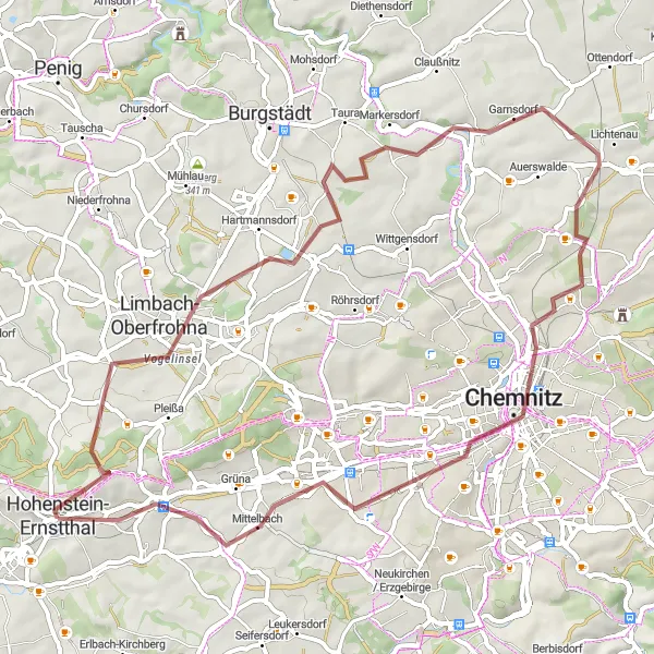 Karten-Miniaturansicht der Radinspiration "Kultur- und Naturtour Limbach-Oberfrohna" in Chemnitz, Germany. Erstellt vom Tarmacs.app-Routenplaner für Radtouren