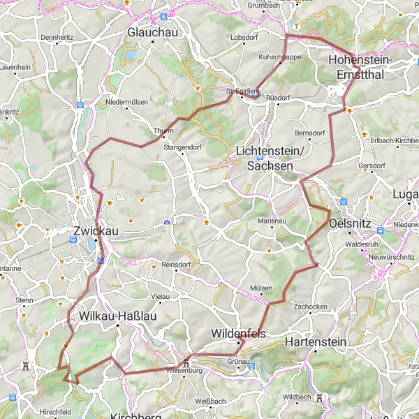 Map miniature of "Hohenstein-Ernstthal Gravel Adventure" cycling inspiration in Chemnitz, Germany. Generated by Tarmacs.app cycling route planner
