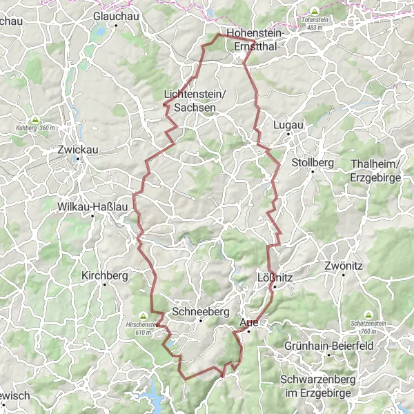 Map miniature of "Gravel Adventure - Hohenstein-Ernstthal Explorations" cycling inspiration in Chemnitz, Germany. Generated by Tarmacs.app cycling route planner