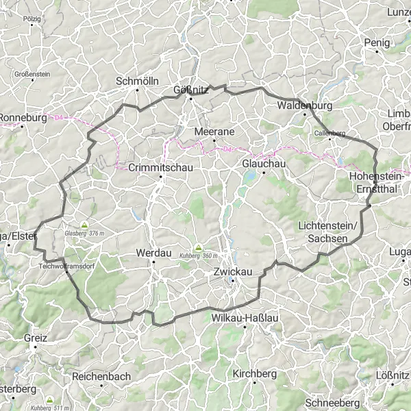 Karten-Miniaturansicht der Radinspiration "Bergige Höhen Tour" in Chemnitz, Germany. Erstellt vom Tarmacs.app-Routenplaner für Radtouren