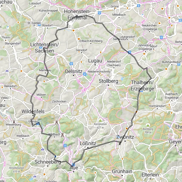 Map miniature of "Hohenstein-Ernstthal Road Scenic Tour" cycling inspiration in Chemnitz, Germany. Generated by Tarmacs.app cycling route planner