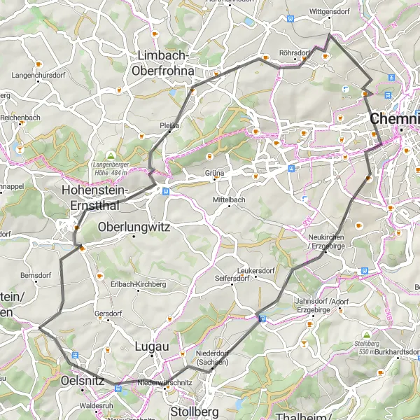 Map miniature of "Hohenstein-Ernstthal Loop" cycling inspiration in Chemnitz, Germany. Generated by Tarmacs.app cycling route planner