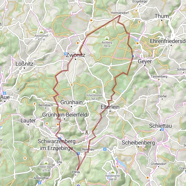 Karten-Miniaturansicht der Radinspiration "Hormersdorf - Zwönitz - Huthübel Schotterstrecke" in Chemnitz, Germany. Erstellt vom Tarmacs.app-Routenplaner für Radtouren