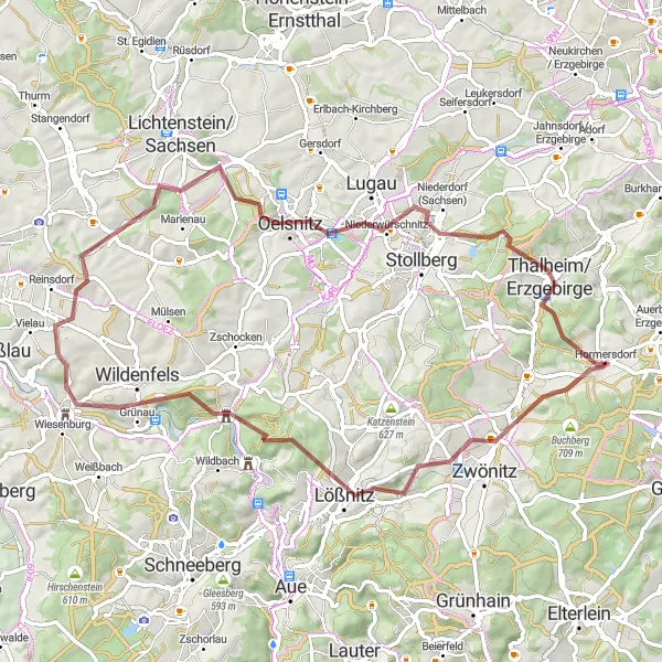 Karten-Miniaturansicht der Radinspiration "Hormersdorf - Thalheim/Erzgebirge - Aussichtsturm Alberthöhe Schotterstrecke" in Chemnitz, Germany. Erstellt vom Tarmacs.app-Routenplaner für Radtouren