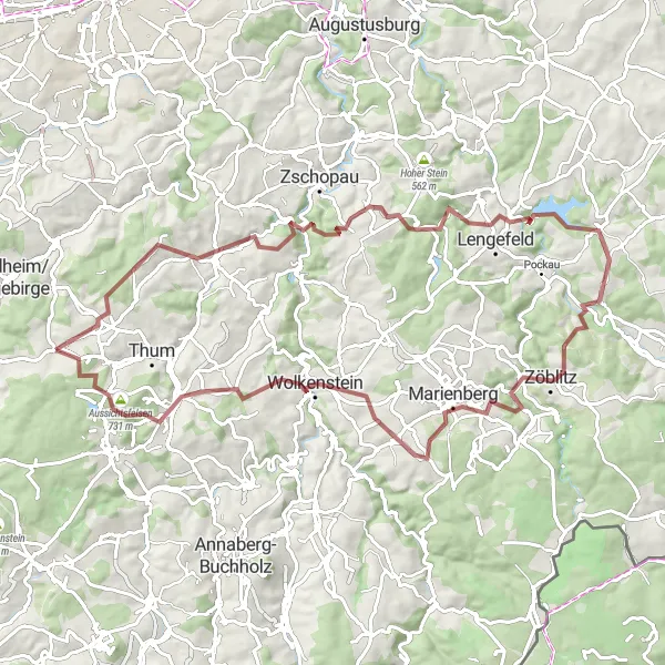 Map miniature of "Gravel Ridge Ride" cycling inspiration in Chemnitz, Germany. Generated by Tarmacs.app cycling route planner