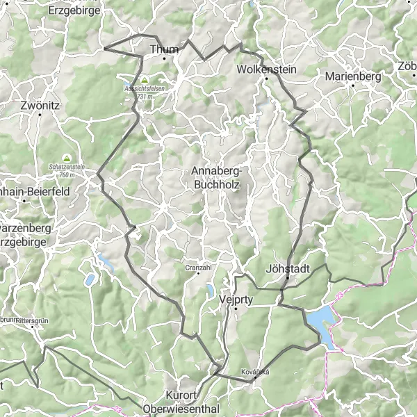 Karten-Miniaturansicht der Radinspiration "Hormersdorf - Geyer - Scheibenberg Rundtour" in Chemnitz, Germany. Erstellt vom Tarmacs.app-Routenplaner für Radtouren