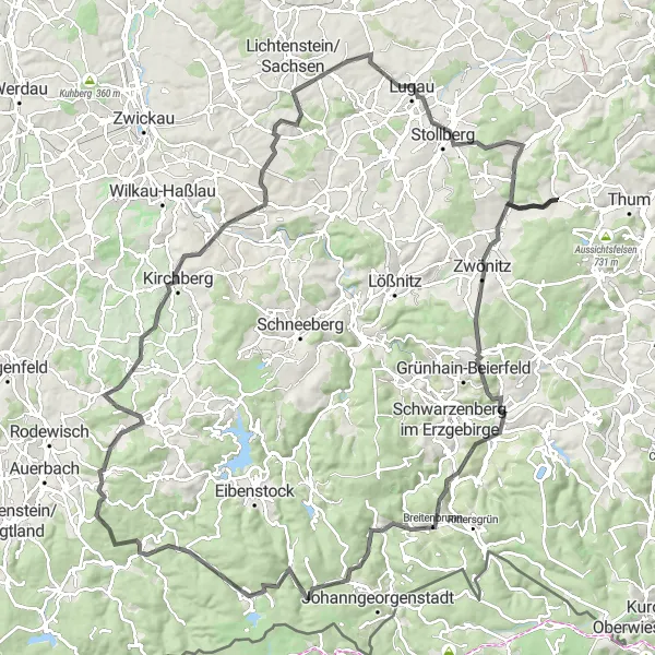 Karten-Miniaturansicht der Radinspiration "Road-Tour durch das Erzgebirge" in Chemnitz, Germany. Erstellt vom Tarmacs.app-Routenplaner für Radtouren