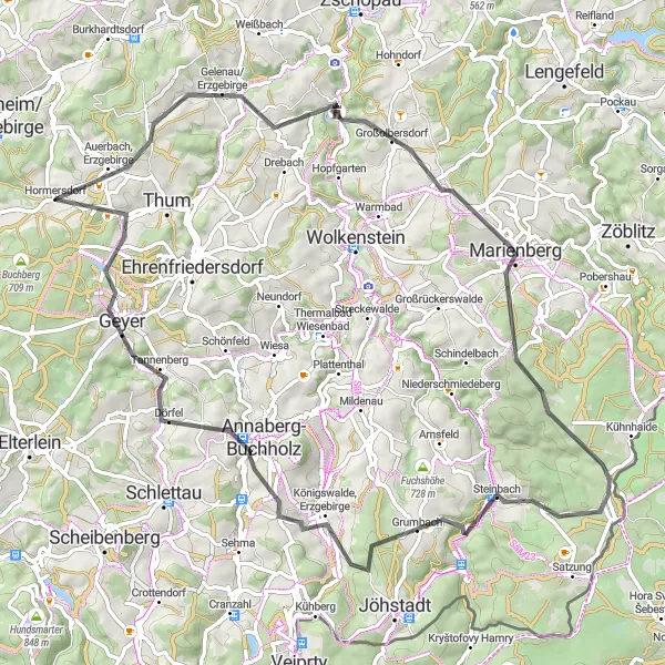 Map miniature of "The Majestic Ore Mountains" cycling inspiration in Chemnitz, Germany. Generated by Tarmacs.app cycling route planner