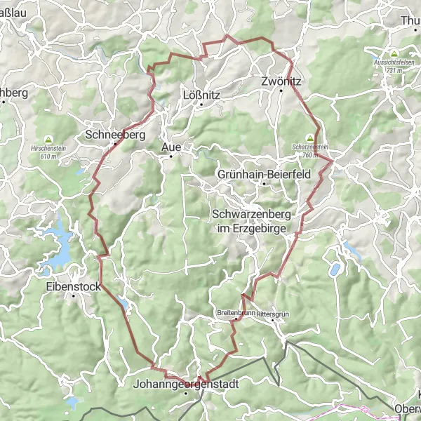 Map miniature of "Challenging Ore Mountain Adventure" cycling inspiration in Chemnitz, Germany. Generated by Tarmacs.app cycling route planner